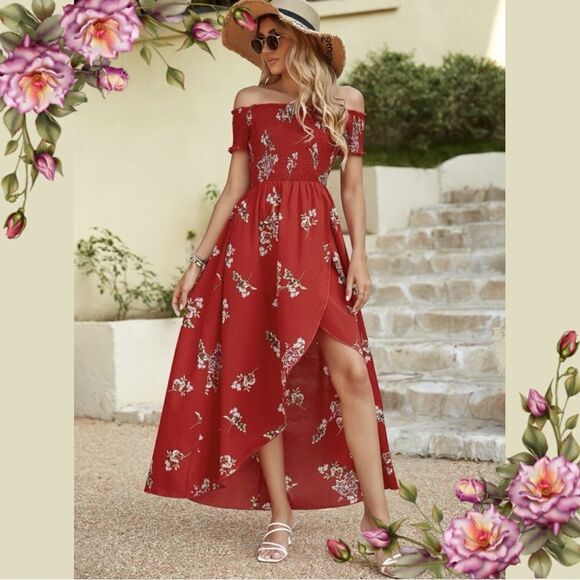 Smocked off shoulder sleeves midi floral dress - Picture 1 of 14